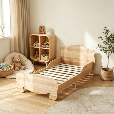 Lit enfant 143.5x80x55 cm coloris bois naturel en MDF avec barrières de sécurité et motif ours (1/4)