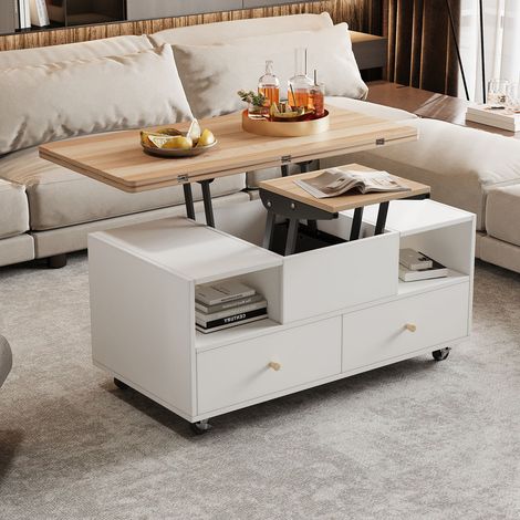 Table basse relevable 100 x 50 x 47,5 cm avec mécanisme hydraulique (grand + petit plateau), 4 tiroirs et roulettes universelles – table de salon mobile (1/5)