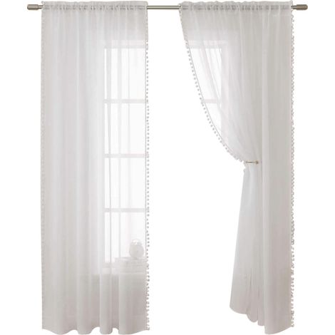 Cortinas de lino texturizado transparente con encaje, semitransparentes, ligeras y transpirables, para la decoración de ventanas en el dormitorio, sala de estar y comedor (2 paneles). (1/5)