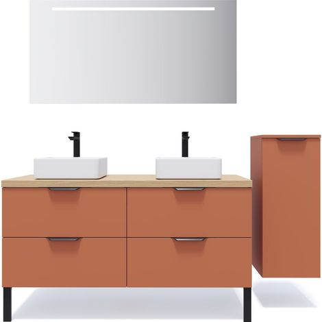 Meuble de salle de bain suspendu 2 vasques à poser 140cm 4 tiroirs Terracotta + miroir + colonne ouverture droite - Soho (1/5)