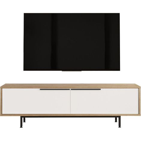 CALICOSY - Meuble TV 2 abattants effet chêne et blanc L160 cm - NAYA (1/4)