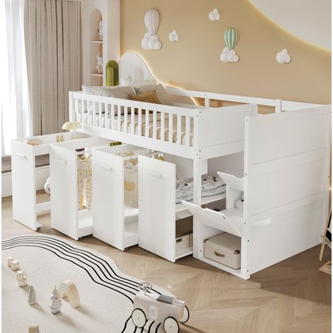 Cama litera infantil multifuncional 90x200 cm con escritorio, armario y almacenaje, blanco HAVRYA (1/5)