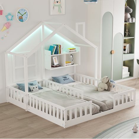 Kinderbett 90x200 cm mit LED und Aufbewahrung, in Hausform, in Weißholz, ohne Matratze (1/5)