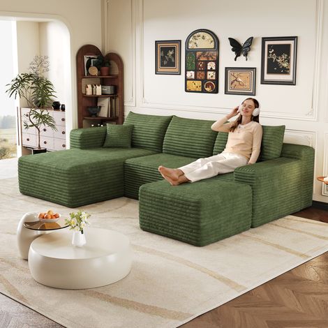 Divano con motivo nuvola di 241 cm, divani rivestiti moderni e minimalisti, comodo divano a forma di L per il soggiorno, seduta profonda con angolo, senza montaggio richiesto, Verde (1/5)