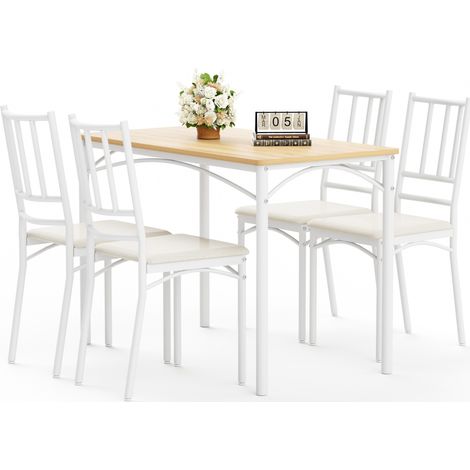 Conjunto de mesa de comedor con 4 sillas, 110 x 60 x 76,5 cm, natural y blanco, estilo industrial (1/5)