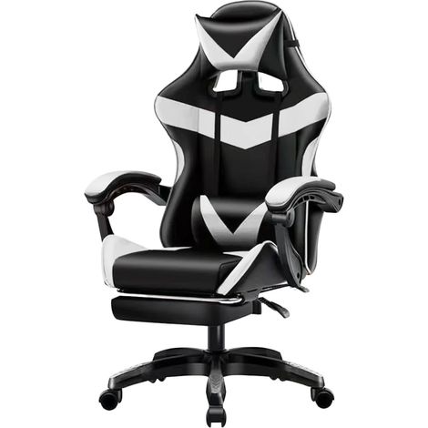 Sedia da Gaming Ergonomica con Poggiapiedi e Cuscini in PVC Bianco e Nero (1/5)