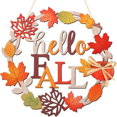 Couronne en bois « Bienvenue à l'automne » - Motif feuilles d'automne et citrouilles - Décoration automnale orange pour porte d'entrée, porche, fenêtre et mur (1/5)