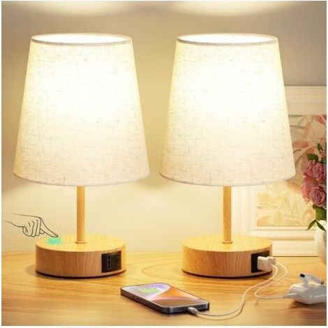 Lampe de Chevet Tactile Lot de 2 avec Ports de Charge USB-C+A, Intensité Variable à 3 Voies, Abat-jour en Lin, Petite Lampe de Table pour Chambre Salon D'enfant Bureau(Ampoules Incluse) (1/5)