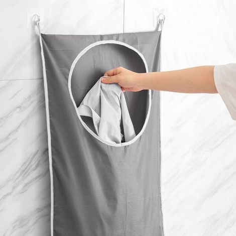 Panier à linge suspendu à porte noire, sac à linge suspendu XL avec grande ouverture pour les vêtements sales de toute la famille Grande taille 30X20 pouces Sac à linge suspendu (gris) (1/3)