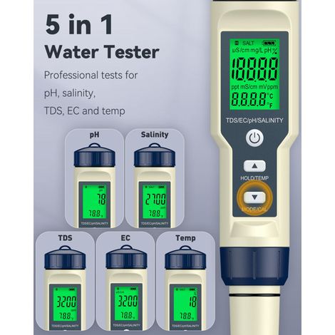 Testeur de qualité d'eau numérique 5 en 1 Pawfly : pH, salinité, TDS, conductivité électrique et température, avec poudre d'étalonnage pH, pour piscines, eau potable, aquariums, spas et eaux chaudes. (1/5)