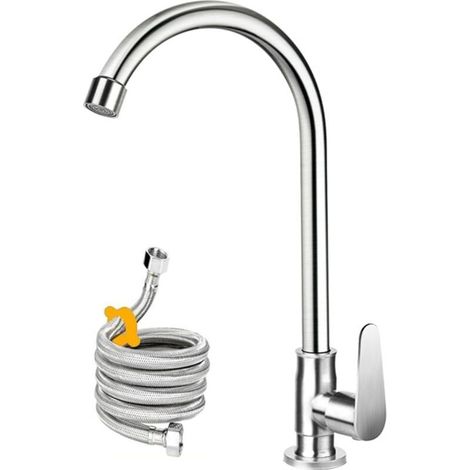 robinet d'eau froide, roulement à billes en acier inoxydable - Cuisine à un seul trou - Eau froide pour cuisine, extérieur, jardin et bar avec tuyau et tube fileté plus long (1/4)