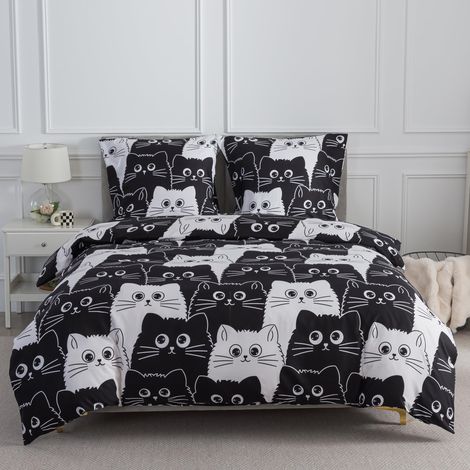 Parure de lit 3 pièces en 200x200 cm - Ensemble de literie avec motif chats noir et blanc mignon de 200 x 200 cm et 2 taies d'oreiller de 80x80 cm avec fermeture éclair, Housse de couette (1/5)