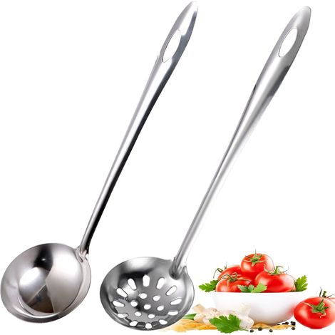 2 couverts de service en acier inoxydable, écumoire et cuillère à trous, louche à soupe, argenté, cuisine domestique et professionnelle (1/5)