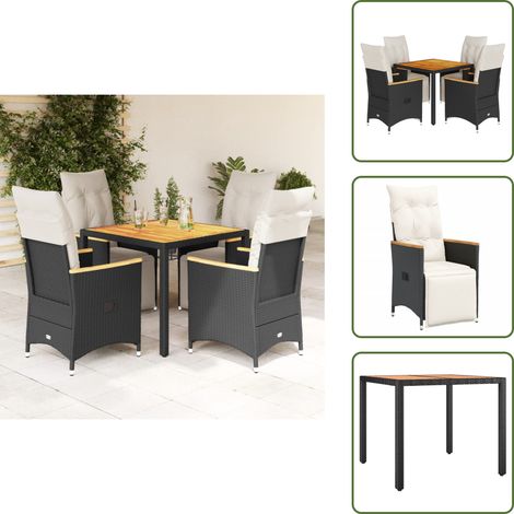 The Living Store 5-tlg. Garten-Bistro-Set mit Kissen Schwarz Poly Rattan - Gartenmöbel - Bistroset - Esstisch - Lounge Sessel - Outdoor Möbel (1/5)