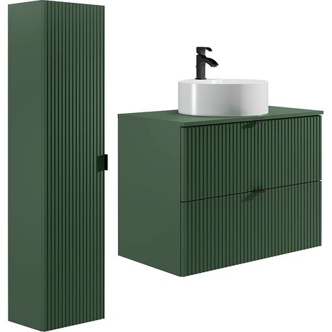 Mobile per bagno sospeso con scanalature con lavabo da appoggio rotondo e colonna - Verde opaco - 80 cm - ZEVINI (1/5)