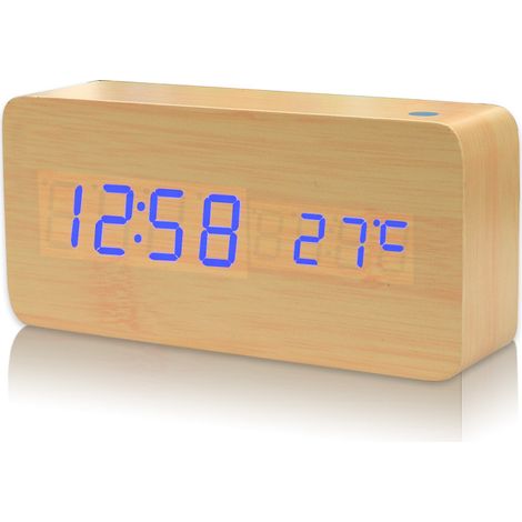 Vente directe d'usine : horloge en bois créative, silencieuse, à commande vocale, calendrier perpétuel, réveil LED, affichage de la température, lampe de chevet lumineuse en bambou Magnolia. (1/5)