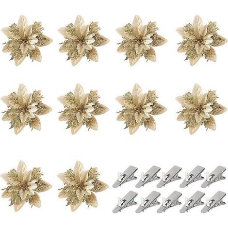 Christmas Tree Flowers 10 Pcs Gold Powder Decor Fabric Plastic 14 Cm (1/4)