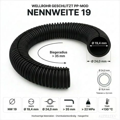 50m PP Wellrohr geschlitzt NW 19 Schwarz Innen-Ø 19,4 mm UV-beständig