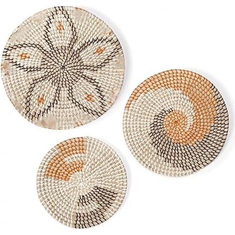 Decoration Murale - Pack 3 Paniers Mural Faits Main en Rotin - Deco Murale Salon Chambre Cuisine Maison Jardin Balcon Mur Exterieur - Decoration Boheme Cocooning Zen Bois Osier (1/5)