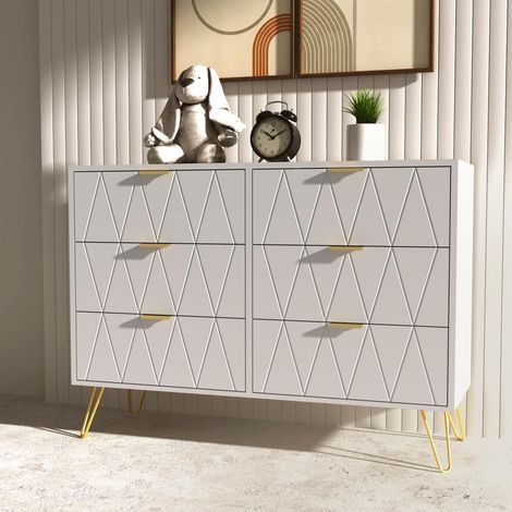 UEV – Commode scandinave 6 tiroirs 100 x 34 x 73 cm – Bois et fer – Blanc avec poignées dorées – Rangement pour chambre enfant/adulte (1/5)