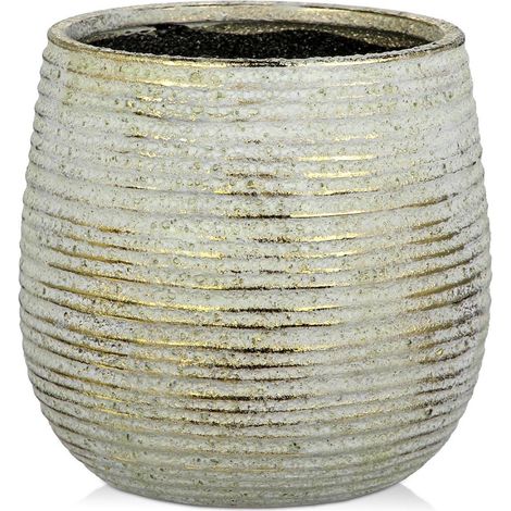 Keramik Blumentopf mit Ablaufloch, gerippte Struktur, goldene Akzente, Ø 13cm (1/5)