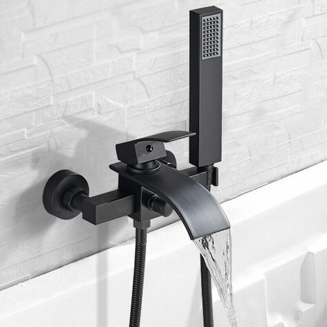 Schwarzer, an der Wand montierter Wasserfall-Badewannenmischer, Badewannen-Wasserhahn mit Handbrause, Wand-montierter Wasserfall-Duschkopf, heißer und kalter Badewannen-Wasserhahn (1/5)