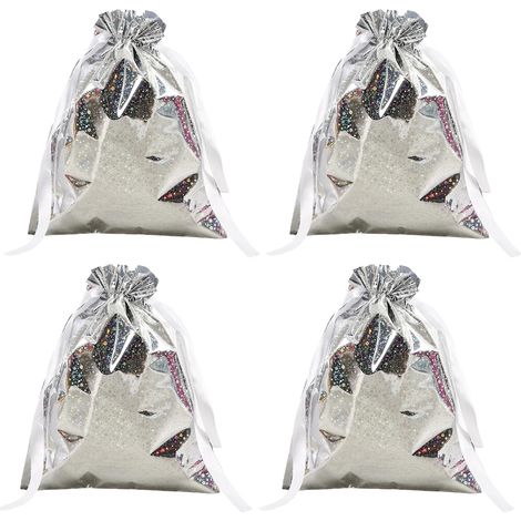 Sac Cadeau Noël - Fermeture À Cordon - Aluminium Métallisé - Motif Père Noël Renne - 20 x 25 cm - Lot De 12 (1/5)