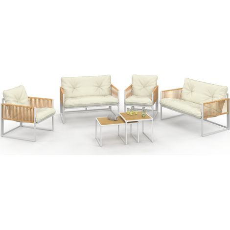 Niedrige Gartenmöbel RIO 6-Sitzer mit weißem Metallgestell und Seilen in Rattanoptik mit beigen Kissen