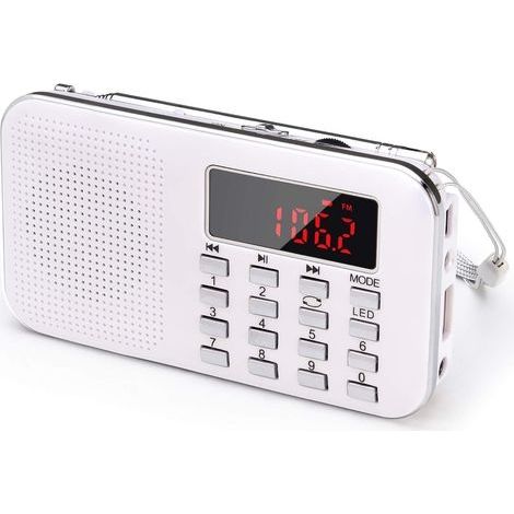 Radio portable, radio FM AM, alimentée par batterie et secteur, MP3, haut-parleur, compatible carte TF/USB, lampe de poche, applicable (blanc) (1/5)