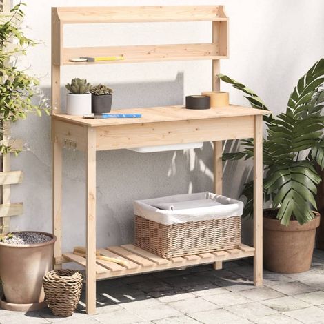 Table de jardinage avec évier 147,5 x 44 x 139,5 cm en bois de sapin massif (1/5)