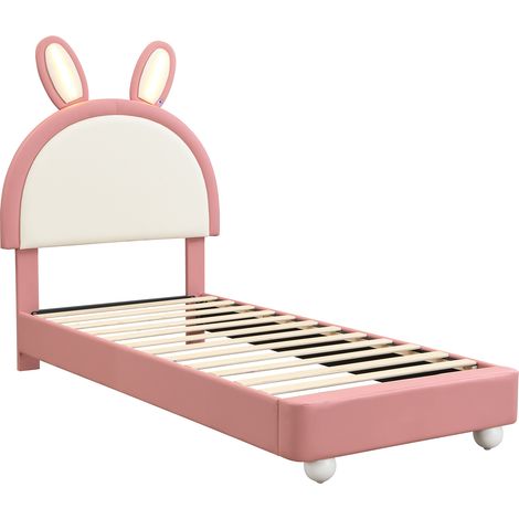 Cama infantil tapizada con forma de conejo con LED 90 x 200 cm PU rosa y blanco (1/5)