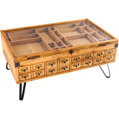 Couchtisch CURIONA 100 cm mit Glasplatte und 8 Schubladen im Industriestil (1/5)