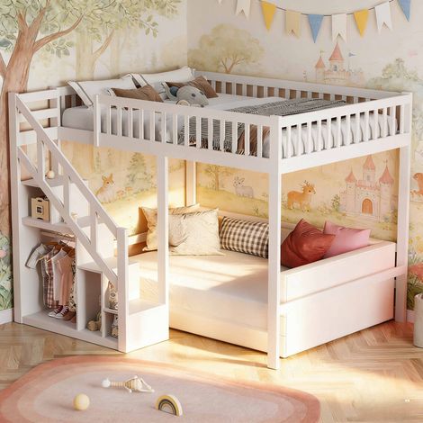 Cama alta 140x200cm – Cama infantil – Escaleras – Espacio de almacenamiento – Color blanco – Barandillas de seguridad – Estampado de cielo estrellado (1/5)