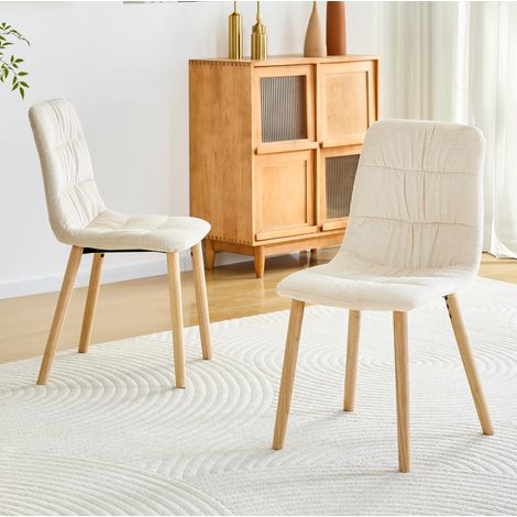 Chaise de salle à manger en tissu blanc avec pieds en bois massif, ergonomique, lot de 2,44×48×88cm (1/5)