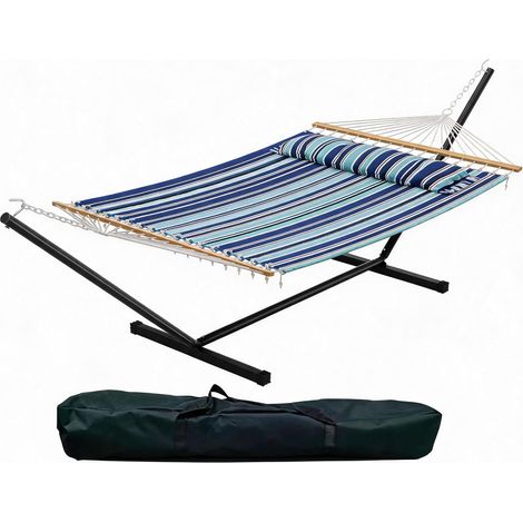 Hamac sur pied 2 personnes toile large bleu avec sac (1/5)