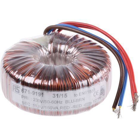 Transformateur torique RS PRO 2 sorties, 230V c.a. 11.8V c.a., 150VA (1/2)