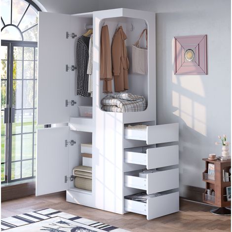 Armadio guardaroba in legno bianco/legno 70 x 40 x 170 cm con 1 anta, 4 cassetti e vano appendiabiti aperto (1/5)