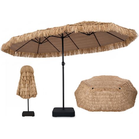 Parasol Double Tropical en Paille 4,5 x 2,7m, Parasol de Plage Exterieur XXL avec Manivelle Lisse, 12 Baleines&Goupille Réglable (1/5)