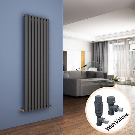 ELEGANT Vertical Radiator 1600 x 472mm Single Panel Designer Anthracite Oval Column Heating Rad with Thermostatic Radiator Valves (1/5)