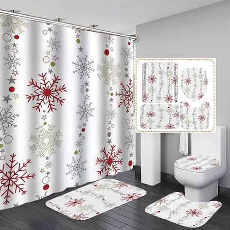 Rideau De Douche - Tapis De Bain Anti-dérapant - Couverture De Couvercle De WC - Tapis En Forme De U - Thème Noël Forêt Rustique - 4 Pièces (1/5)