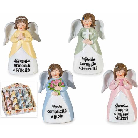 Angioletti decorativi in resina colorata con messaggio inciso in espositore da 12 pezzi, set da 12 pezzi, cm 7 x 5 x 11 H