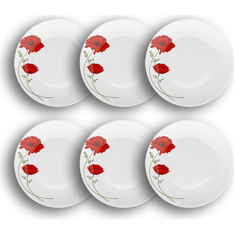 Lot de 6 assiettes plates en porcelaine 27cm, COQUELICOT