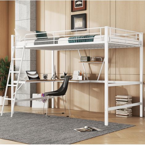 Lit mezzanine 90/200 cm blanc en métal avec bureau en L et étagère (1/5)