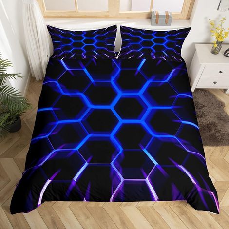 Housse de Couette Nid D'Abeille, Parure de Lit 220x240 Géométrique À Motif Hexagonal, Ensembles de Literie Joueur pour Garçons Enfants, Décoration de Salle de Jeux, Housse Couette Néon Lumineux (1/5)