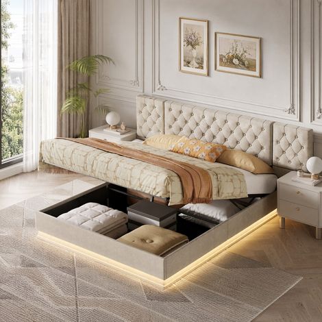Lit coffre 160x200 cm capitonné en tissu lin - Rangement hydraulique spacieux - Tête de lit rembourrée - LED et ports Type‑C - Idéal chambre parentale - Beige (1/5)