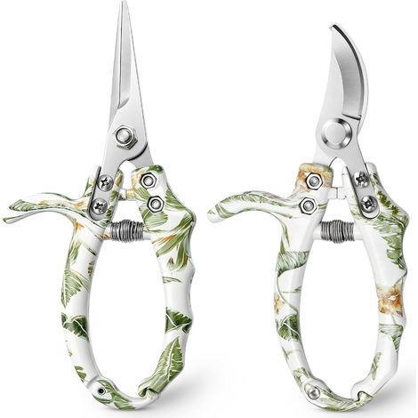 Lot de 2 outils de taille de jardin – Sécateur à lames croisées (bypass) et ciseaux de jardin à lames droites, verrouillage facile, motifs floraux, outils professionnels (1/5)