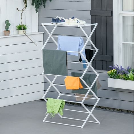 Tendedero plegable de 8 niveles, torre de metal y ABS, blanco, 74 x 35 x 144 cm OKMYHOME (1/5)