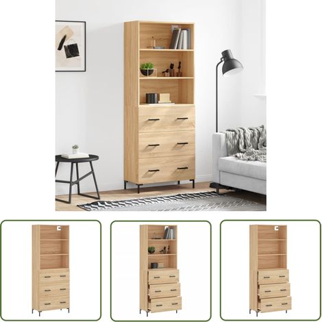 The Living Store Buffet haut Chêne sonoma 69,5x34x180 cm Bois d'ingénierie - Buffet Design Moderne - Meuble Rangement Cuisine - Armoire Murale - Commode Salon - Étagère Ouverte (1/5)