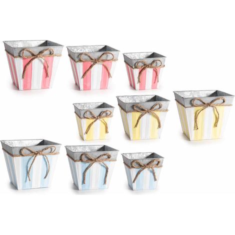 Cache-pots carrés en métal à rayures colorées avec nœud en jute, lot de 3, Grand : 15,5 x 15,5 x H. 13 cm