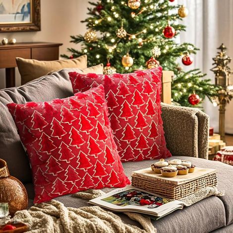 Lot de 2 housses de coussin décoratives pour sapin de Noël – pour chambre à coucher, canapé, décoration de maison (rouge, 45 x 45 cm)